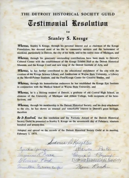 Resolution - Detroit Historical Society Testimonial Resolution to Stanley S. Kresge