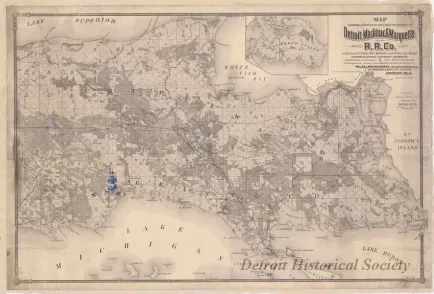 Map - Map Showing Location of the Lands Belonging to Detroit, Mackinac & Marquette R.R. Co. in the Counties of Schoolcraft, Mackinac and Chippewa, in Part, Michigan.