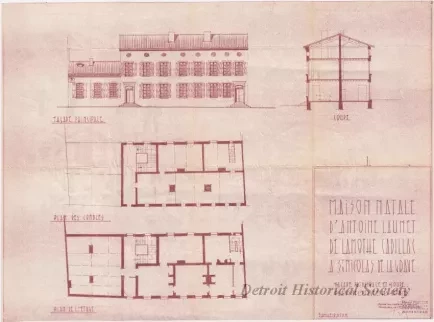 Drawing - Maison Natale d'Antoine Laumet de la Mothe Cadillac
à St. Nicolas de la Grave - Façade Principale et Coupe.
Plans de l'Étage et des Combles.