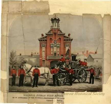 Lithograph - Phoenix Steam Fire Engine No. 3 of Detroit as it apeared in the funeral procession of the late President Lincoln, April, 25th 1865. Presented by Robert Meginity