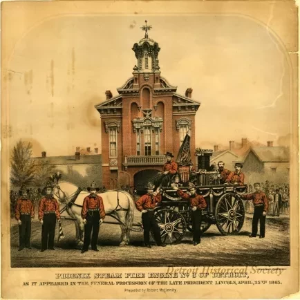 Lithograph - Phoenix Steam Fire Engine No. 3 of Detroit as it apeared in the funeral procession of the late President Lincoln, April, 25th 1865. Presented by Robert Meginity