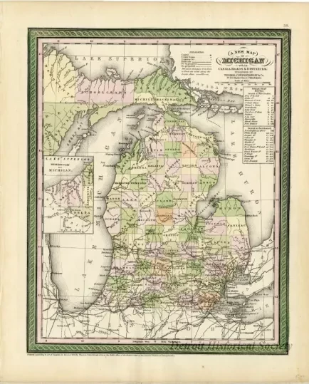 Map - A New Map of Michigan with its Canals, Roads & Distances.
