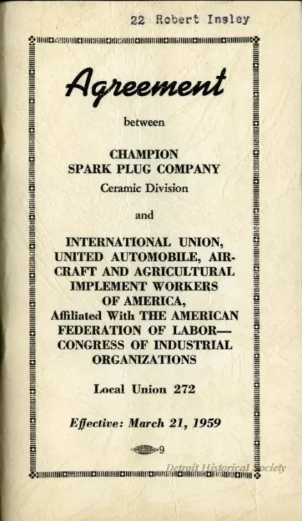 Agreement - Agreement between Champion Spark Plug Company Ceramic Division and International Union, United Automobile, Aerospace and Agricultural Implement Workers of America, Affiliated with The American Federation of Labor - Congress of Industrial, Loca