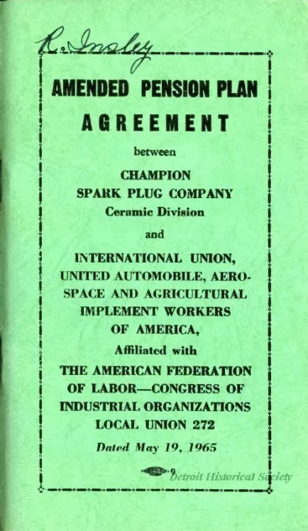 Agreement - Amended Pension Plan Agreement between Champion Spark Plug Company Ceramic Division and International Union, United Automobile, Aerospace and Agricultural Implement Workers of America, Affiliated with The American Federation of Labor - Congres