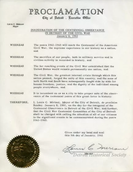Proclamation - Inauguration of the Centennial Observance in Detroit of the Civil War
