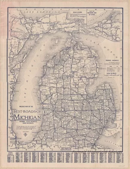 Map - Mileage Map of the Best Roads of Michigan,
Showing State Highways, Road Distances.