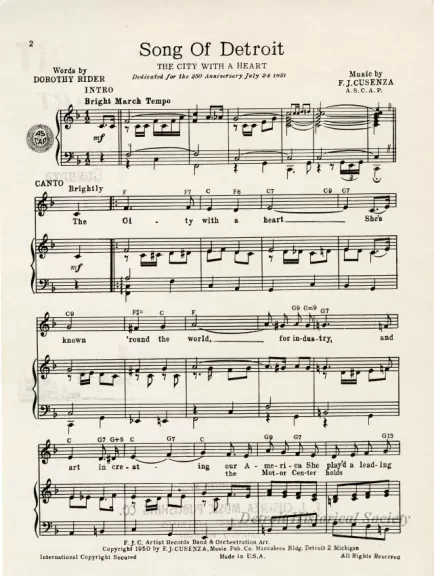 Music, Sheet - Song of Detroit, The City With a Heart