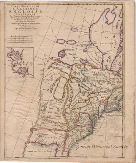 Map - Carte Nouvelle de L'Amerique Angloise Contenant La Virginie, Mary-Land, Caroline, Penssylvania, Nouvelle Iork, N: Iarssey, N: France, et Les Terres Nouvellement Decouerte Dresse fur les Relations les Plus Nouvelles