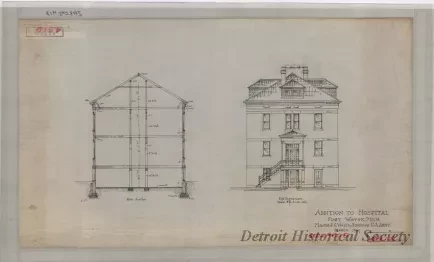 Drawing, Architectural - Addition to Hospital, Fort Wayne, Michigan.
Major P. G. Wales, Surgeon, U.S. Army.  March, 1907.