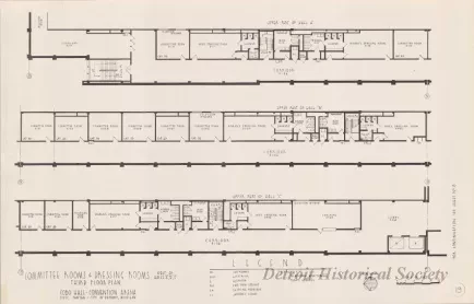 Drawing, Architectural - Committee Rooms & Dressing Rooms West of Halls A,B,C, 
Third Floor Plan, 
Cobo Hall - Convention Arena, 
Civic Center - City of Detroit, Michigan