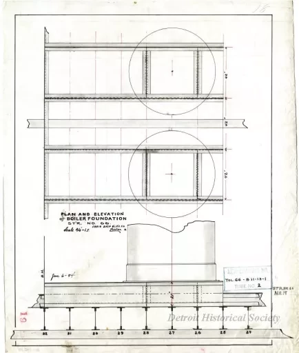Drawing, Technical - Plan and Elevation of Boiler Foundation, 
Str. [Steamer] No. 66