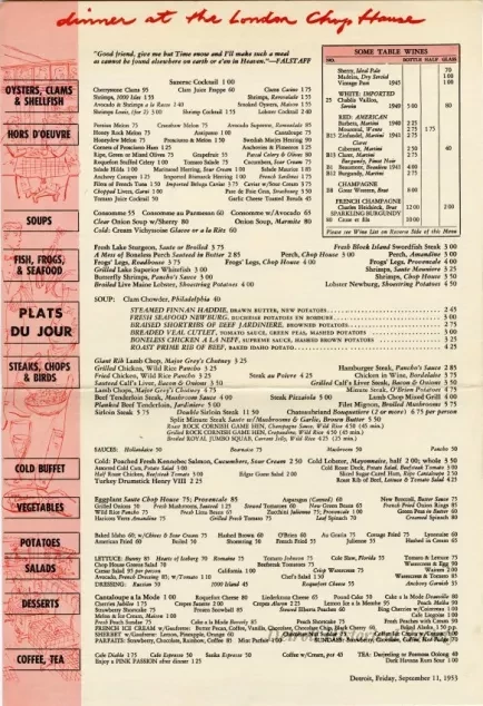 Menu - Dinner at the London Chop House