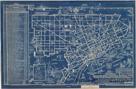 Map - Pictorial Skeleton Map of Catholic Detroit,
Showing Name, Address and Location of Each Church