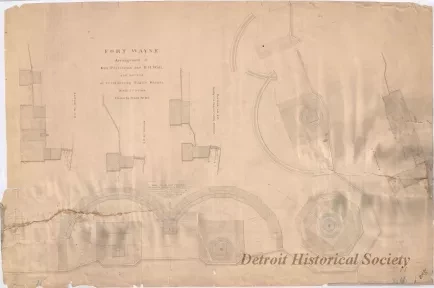 Drawing, Architectural - Fort Wayne,
Arrangement of Gun Platforms and B. H. Wall, 
and Method of Reinforcing Pintle Stones