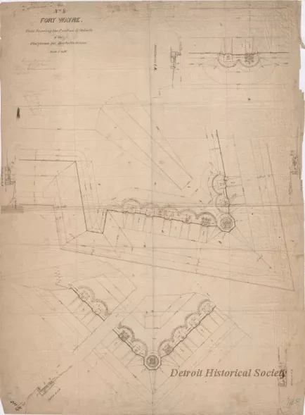 Drawing, Architectural - No. 8, Fort Wayne,
Plan Showing the Position & Details of Platforms for Barbette Guns