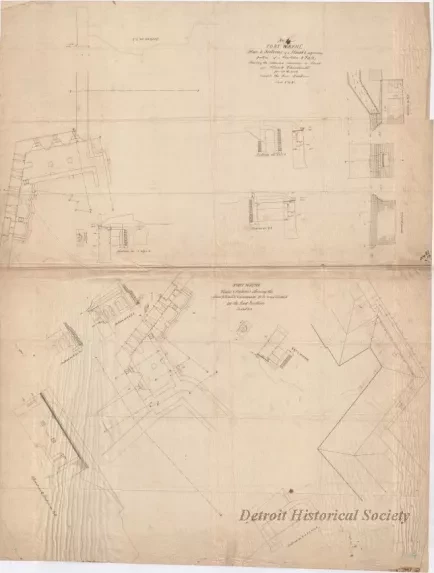Drawing, Architectural - No. 4, Fort Wayne,
Plan & Sections of a Flank & Adjoining Portion of a Curtain & Face;
Showing the Intended Masonry of Scarp and Flank Casemates for All the Work Except the East Bastion