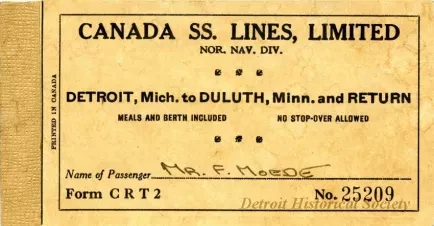 Ticket, Transportation - Canada SS. [Steamship] Lines, Limited
Nor. Nav. Div. [Northern Navigation Division]