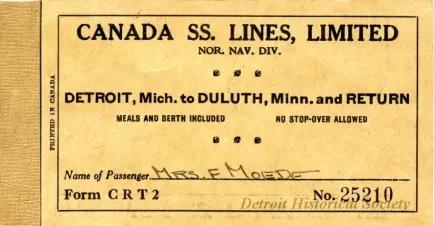 Ticket, Transportation - Canada SS. [Steamship] Lines, Limited
Nor. Nav. Div. [Northern Navigation Division]