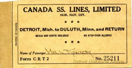 Ticket, Transportation - Canada SS. [Steamship] Lines, Limited
Nor. Nav. Div. [Northern Navigation Division]