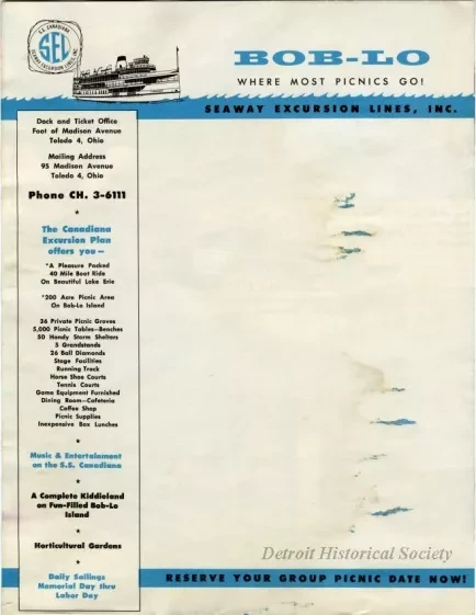 Brochure - Bob-Lo, Where Most Picnics Go!