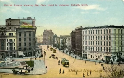 Postcard - Monroe Avenue showing Ste. Clair Hotel in distance, Detroit, Mich.