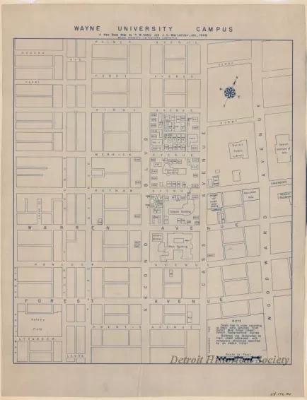 Blueprint - Wayne University Campus, 
A New Base Map by R. W. Kelley and J. C. MacLachlan, Jan., 1948