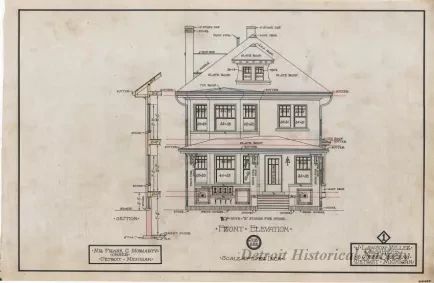 Drawing, Architectural - Residence for Mr. Frank C. Moriarty, Owner, 
Detroit, Michigan - Front Elevation