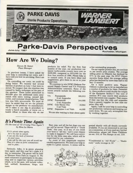 Newsletter - Parke-Davis Perspectives, June-July, 1987