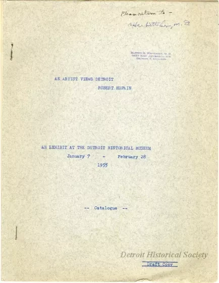Catalog - An Artist Views Detroit Robert Hopkin Exhibit Catalogue, Draft Copy