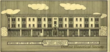 Drawing, Architectural - Wesson Ave. View of a Three Story, Eight Stores & Sixteen Apartment Building.