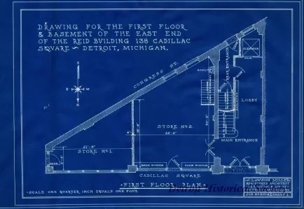 Blueprint - Drawing for the First Floor & Basement of the East End of the Reid Building, 138 Cadillac Square, Detroit, Michigan