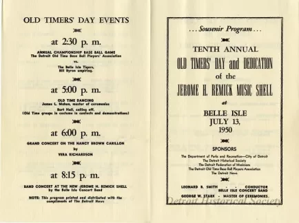 Program, Concert - Tenth Annual Old Timers' Day and Dedication of the Jerome H. Remick Music Shell, at Belle Isle July 13, 1950
