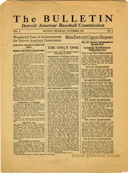 Newsletter - The Bulletin, Detroit Amateur Baseball Commission, Vol. 2, No. 1
November, 1918