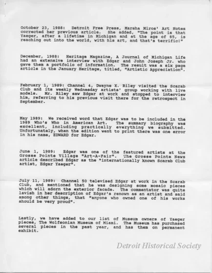 Letter - Edgar Yaeger Update