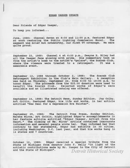 Letter - Edgar Yaeger Update