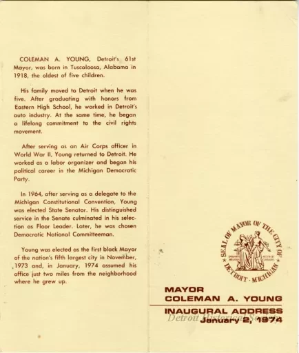 Pamphlet - Mayor Coleman A. Young Inaugural Address, January 2, 1974