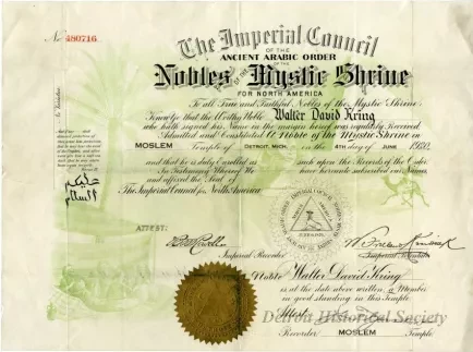 Certificate - The Imperial Council of the Ancient Arabic Order of the Nobles of the Mystic Shrine