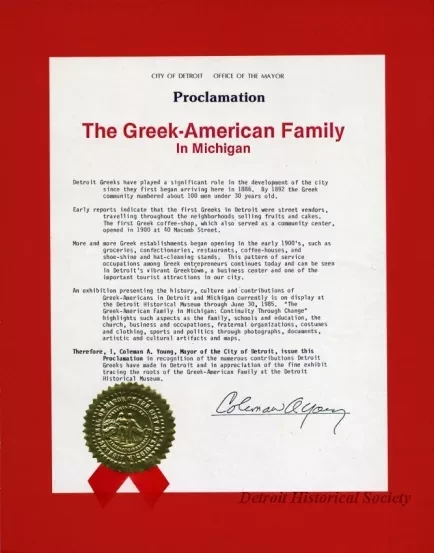 Proclamation - The Greek-American Family in Michigan