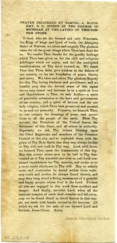 Prayer - Prayer Delivered by Samuel A. McCoskry, D.D., Bishop of the Diocese of Michigan, at the Laying of this Corner Stone