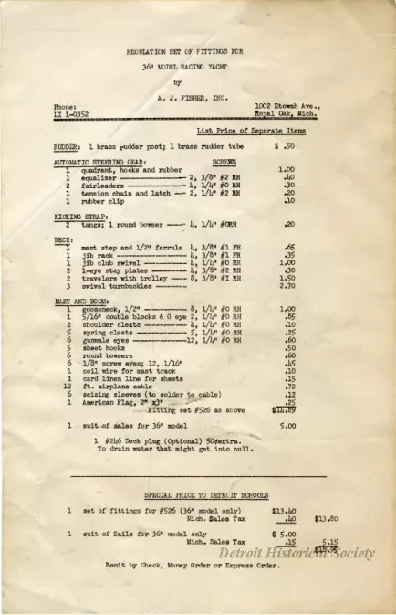 List, Price - Regulation Set of Fittings for 36" Model Racing Yacht
by A. J. Fisher, Inc.
