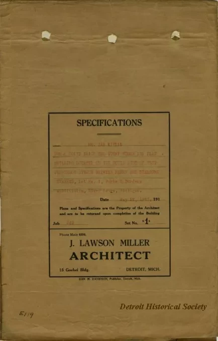 Specification - Specifications [for] Mr. Sam Rivkin for a Solid Brick Two Story Store and Flat Building Located on the South Side of West Jefferson Avenue Between Henry and Dearborn Streets, Lot No. 1, Burke & Burdene Subdivision, River Rouge, Michigan.