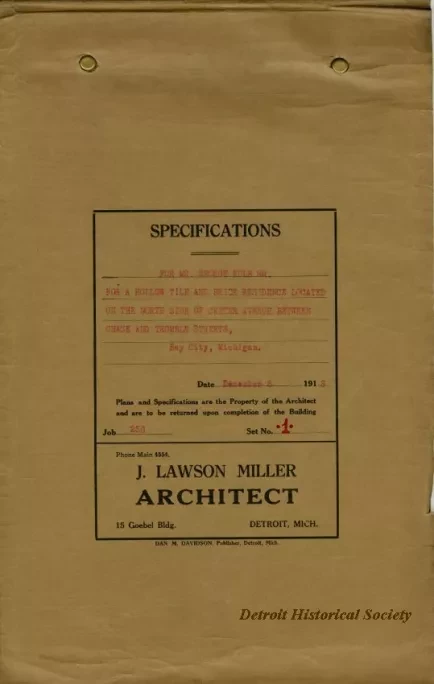 Specification - Specifications for Mr. George Kolb, Sr., for a Hollow Tile and Brick Residence Located on the North Side of Center Avenue Between Chase and Tromble Streets, Bay City, Michigan.