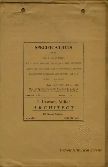 Specification - Specifications for Mr. O. K. Richard for a Brick Veneered Two Story Single Residence Located on the South Side of Sturtevant Between Broadstreet Boulevard and Lovett, Lot 349, Detroit, Michigan.