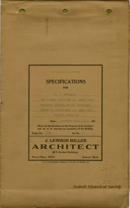 Specification - Specifications for Mr. L. Moynihan for a Solid Brick One Story Store Building Located on the Northwest Corner of Seventeenth and Perry Streets, Detroit, Michigan.