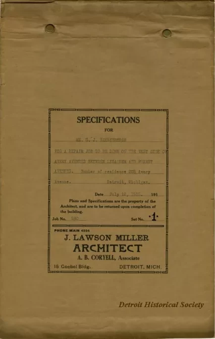 Specification - Specifications for Mr. S. J. Hardenbergh for a Repair Job to Be Done on the West Side of Avery Avenue Between Lysander and Forest Avenues, Detroit, Michigan.