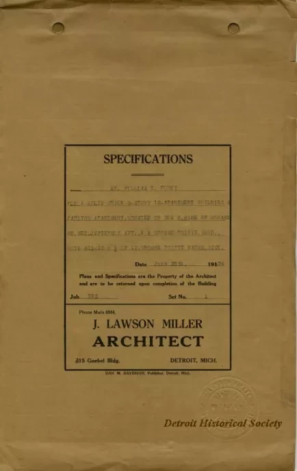 Specification - Specifications - Mr. William E. Roney for a Solid Brick 3-Story, 12-Apartment Building & Janitor Apartment, Located on the North Side of Morass [Moross] Road Bet. Jefferson Ave. & Grosse Pointe Blvd., Lots #11-12 & ½ of 13, Grosse Pointe F