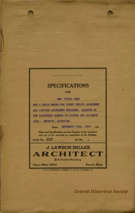 Specification - Specifications for Mrs. Ettie Jory for a Solid Brick Two Story Twelve Apartment and Janitor Apartment Building, Located at the Southwest Corner of Lawton and Columbus Aves., Detroit, Michigan.
