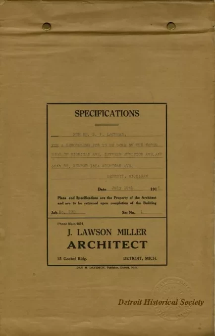 Specification - Specifications for Mr. S. P. Lachman for a Remodeling Job to be Done on the North Side of Michigan Avenue Between Junction Ave. and 35th St., Number 1584 Michigan Ave., Detroit, Michigan