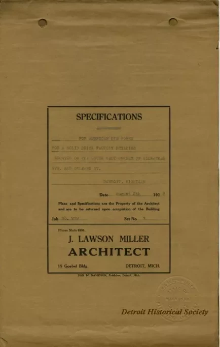 Specification - Specifications for American Die Works for a Solid Brick Factory Building Located on the South West Corner of Milwaukee Ave. and Orleans St., Detroit, Michigan
