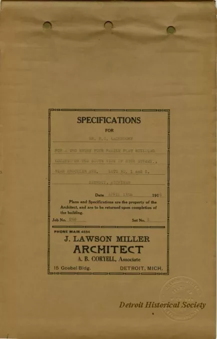 Specification - Specifications for Mr. B. C. Ladendorf for a Two Story, Four Family Flat Building Located on the South Side of High Street Near Brooklyn Ave., Lots No. 1 & 2, Detroit, Michigan.